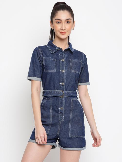 shirt collar denim belted romper - 18466843 - Very Small Image - 1