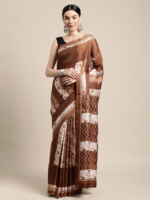 women's printed brown colored saree with blouse - 18466949 - Very Small Image - 1