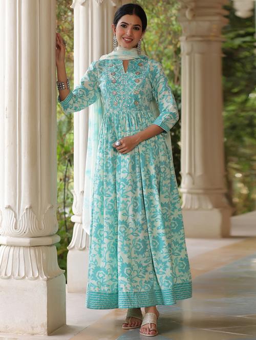 printed flared gown with dupatta - 18469143 - Very Small Image - 1