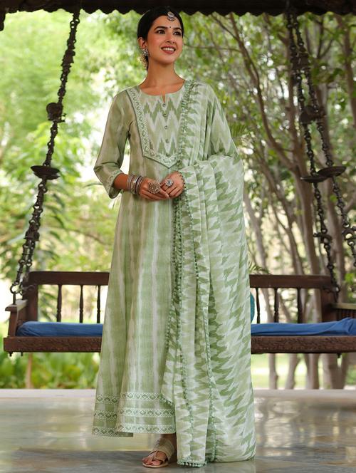 ikat print flared gown with dupatta - 18469161 - Very Small Image - 1