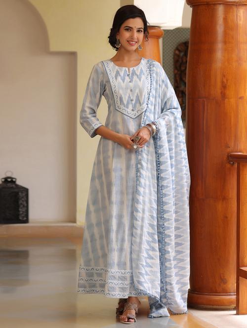 ikat print flared gown with dupatta - 18469162 - Very Small Image - 1