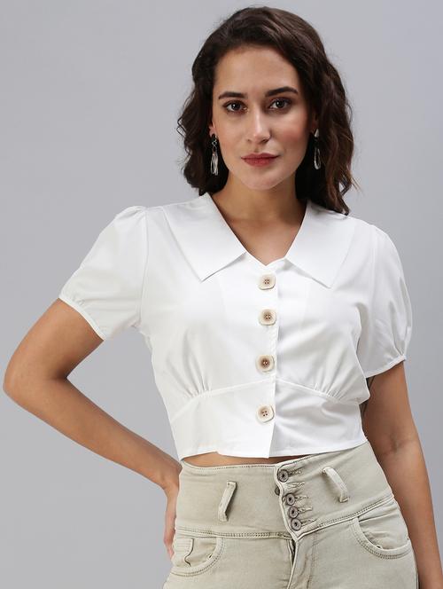 puff sleeved shirt collar crop top - 18469953 - Very Small Image - 1