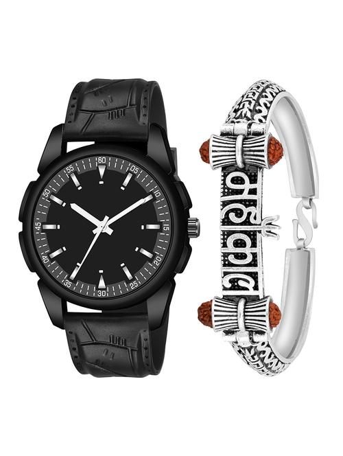 kajaru jew_41_k_1218 silver mahakal bracelet with black dial and pu black strap fancy look analog with quartz watch - 18470407 - Very Small Image - 1