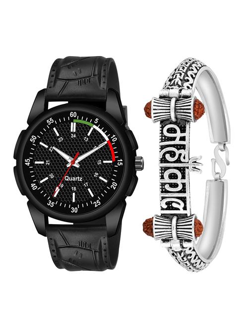 kajaru jew_41_k_1244 silver mahakal bracelet with black dial and pu black strap fancy look analog with quartz watch - 18470431 - Very Small Image - 1