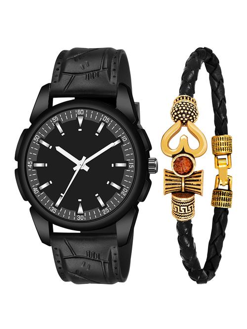 kajaru jew_42_k_1218 black leather mahadev bracelet with black dial and pu black strap fancy look analog with quartz watch - 18470441 - Very Small Image - 1