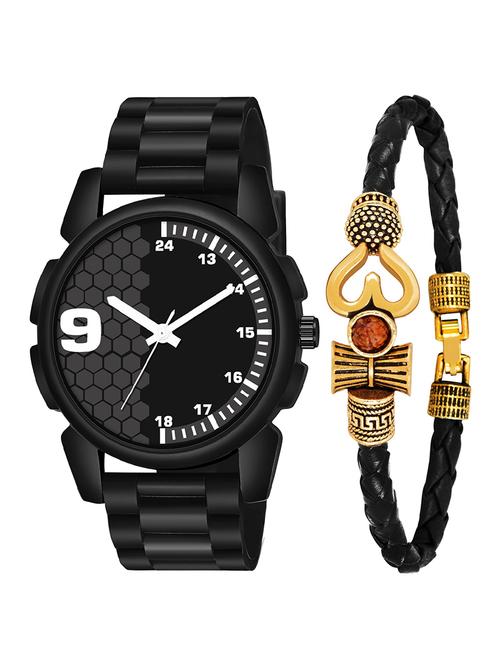 kajaru jew_42_k_1240 black leather mahadev bracelet with black dial and pu black strap fancy look analog with quartz watch - 18470461 - Very Small Image - 1