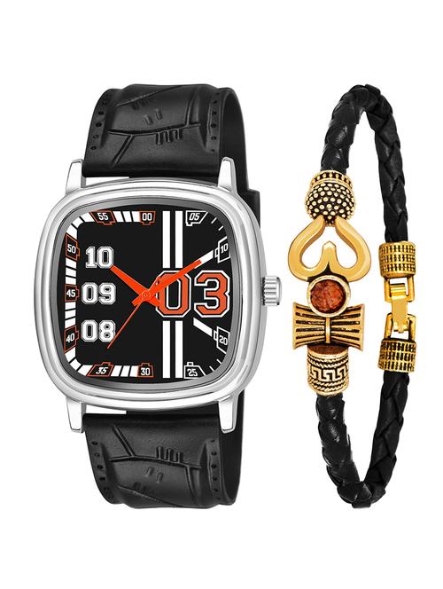 kajaru jew_42_k_1241 black leather mahadev bracelet with black dial and pu black strap fancy look analog with quartz watch - 18470462 - Very Small Image - 1