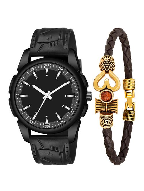 kajaru jew_43_k_1218 brown leather mahadev bracelet with black dial and pu black strap fancy look analog with quartz watch - 18470470 - Very Small Image - 1