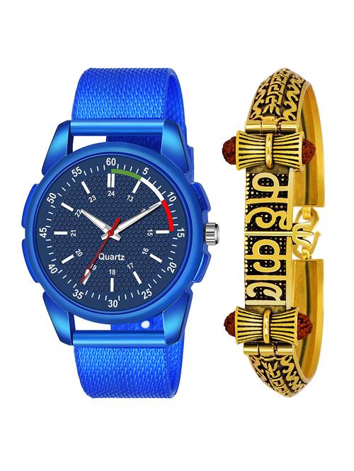 kajaru jew_46_k_1245 gold mahakal bracelet with blue dial and pu blue strap fancy look analog with quartz watch - 18470592 - Very Small Image - 1