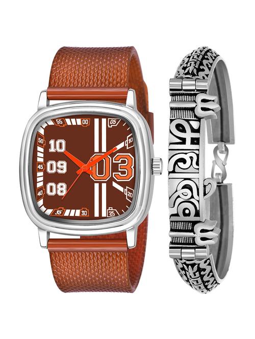 silver mahadev bracelet with brown dial and pu brown strap fancy look analog with quartz watch - 18470624 - Very Small Image - 1