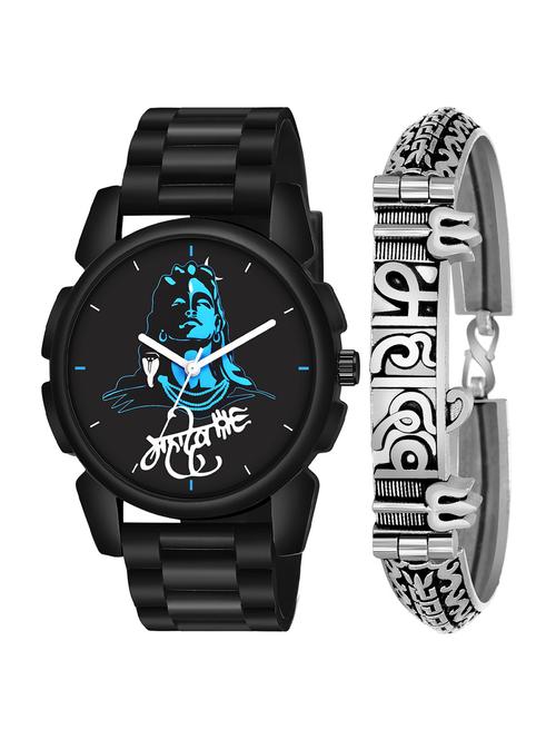 kajaru jew_47_k_1247 silver mahadev bracelet with black mahadev dial and pu black strap fancy look analog with quartz watch - 18470628 - Very Small Image - 1