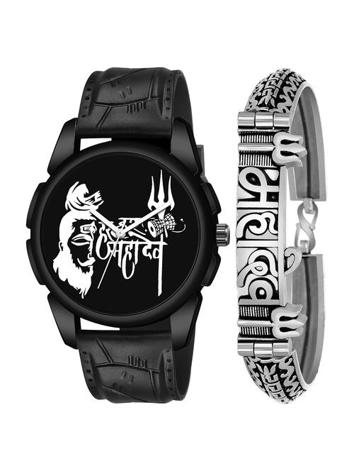kajaru jew_47_k_1250 silver mahadev bracelet with black mahadev dial and pu black strap fancy look analog with quartz watch - 18470631 - Very Small Image - 1
