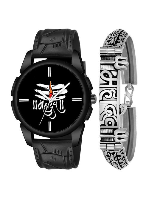 kajaru jew_47_k_1251 silver mahadev bracelet with black mahadev dial and pu black strap fancy look analog with quartz watch - 18470632 - Very Small Image - 1