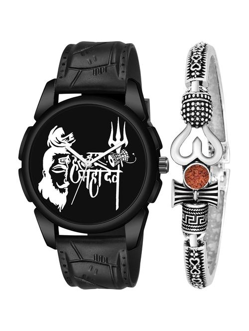 silver om mahadev bracelet with black mahadev dial and pu black strap fancy look analog with quartz watch - 18470699 - Very Small Image - 1