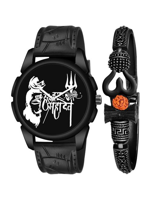 kajaru jew_52_k_1250 black om mahadev bracelet with black mahadev dial and pu black strap fancy look analog with quartz watch - 18470733 - Very Small Image - 1