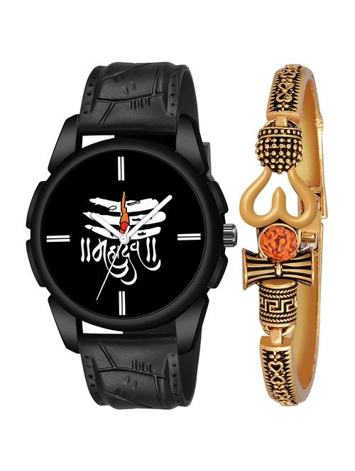 gold om mahadev bracelet with black mahadev dial and pu black strap fancy look analog with quartz watch - 18470768 - Very Small Image - 1