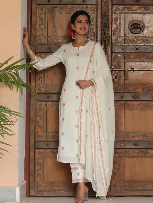 offwhite cotton kurta dupatta set - 18471397 - Very Small Image - 1