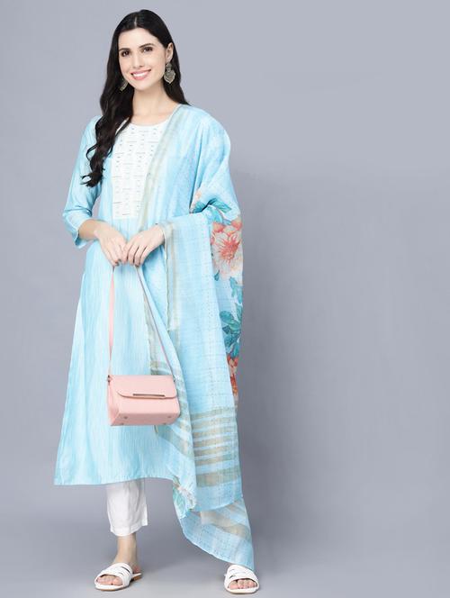 turquoise embroidered kurta pant set with floral dupatta - 18472478 - Very Small Image - 1