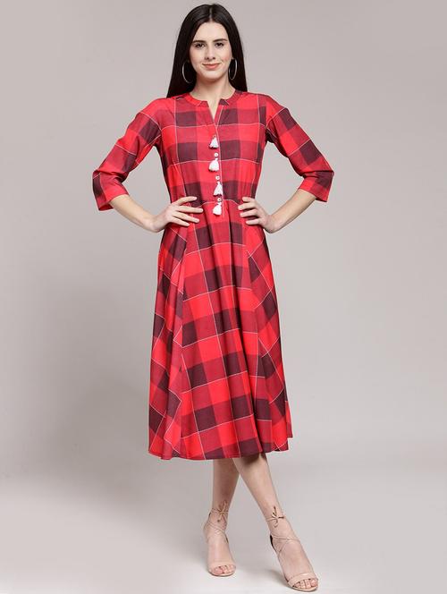 checkered fit & flare dress with tassels - 18472771 - Very Small Image - 1