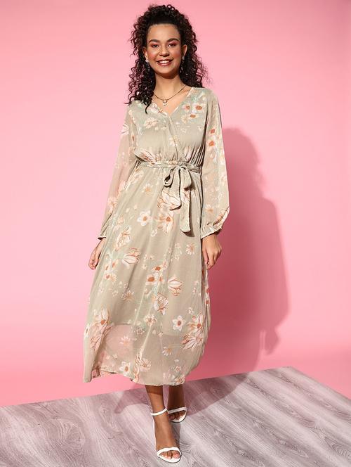overlap neck floral wrap dress - 18472885 - Very Small Image - 1
