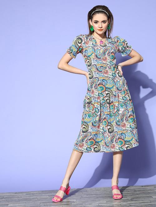puff sleeved printed a-line dress - 18472957 - Very Small Image - 1