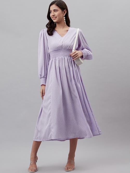 smoked waist polka printed a-line dress - 18472975 - Very Small Image - 1