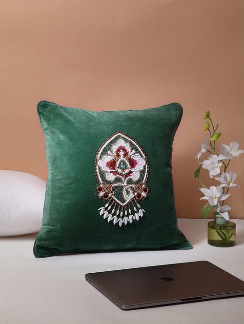blanc9 green embellished cotton cushion cover with zip closure 16 x16 inches - 18473140 - Very Small Image - 1