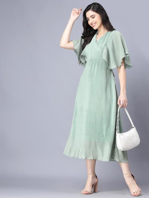 overlap neck solid fit & flare dress - 18473341 - Very Small Image - 1
