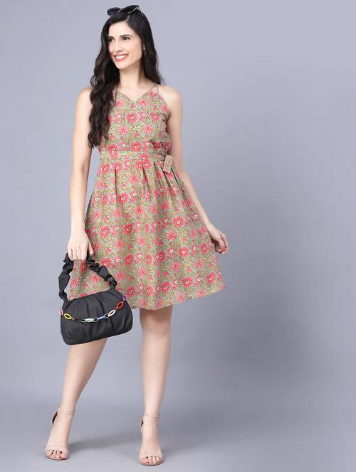 overlap neck printed fit & flare dress - 18473347 - Very Small Image - 1