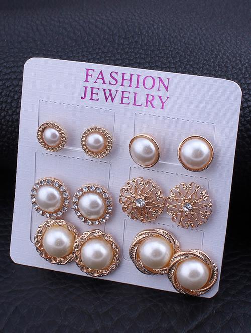 the vine girl stylish golden pearl stud earrings 6 pair combo for women and girls - 18473394 - Very Small Image - 1