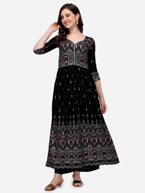printed flared contrast piping kurta - 18473711 - Very Small Image - 1