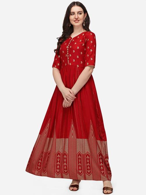 charming red printed flared kurta - 18473718 - Very Small Image - 1