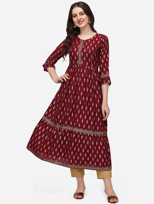 maroon piping flared kurta - 18473724 - Very Small Image - 1