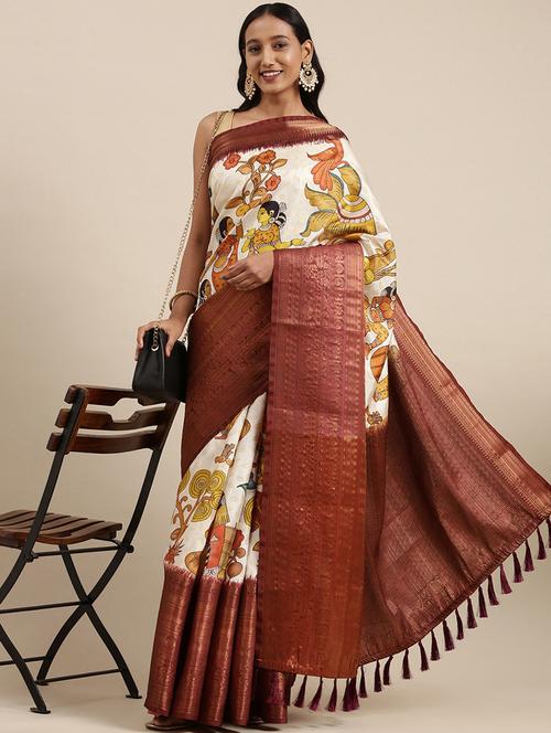 contrast border printed woven saree with blouse - 18474010 - Very Small Image - 1