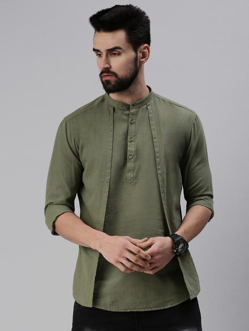 olive green solid short kurta - 18475133 - Very Small Image - 1