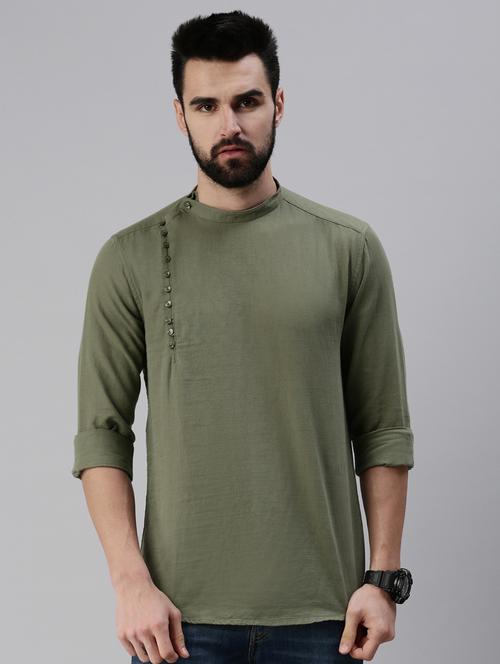olive green solid short kurta - 18475134 - Very Small Image - 1