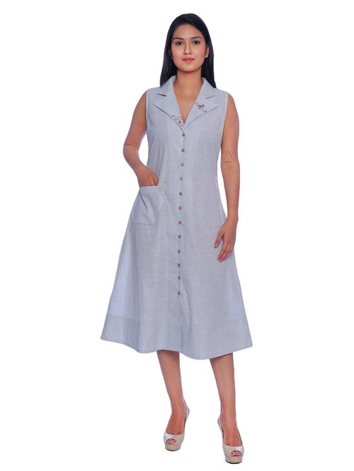 lapel collar neck solid a-line dress - 18476345 - Very Small Image - 1