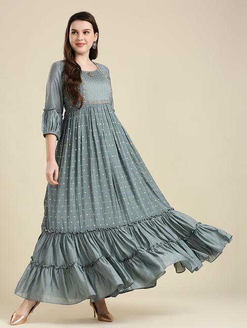 jacquard butti workr chanderi tiered ethnic dress - 18477154 - Very Small Image - 1