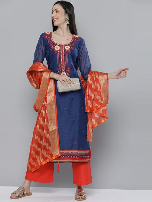 embroidered kurta palazzo set with dupatta - 18477638 - Very Small Image - 1