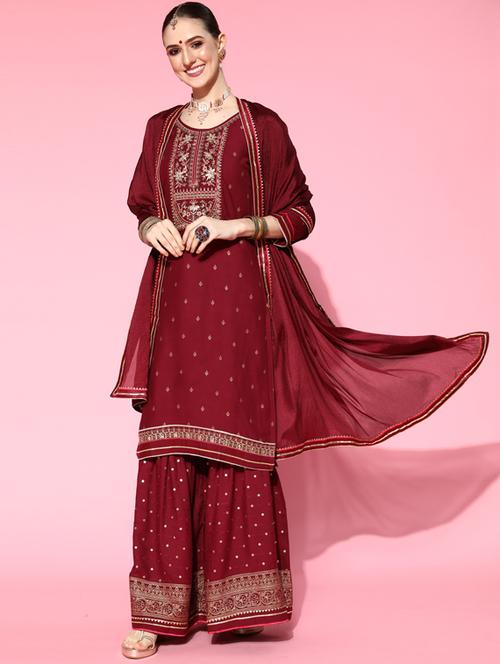 embroidered kurta sharara set with dupatta - 18477640 - Very Small Image - 1