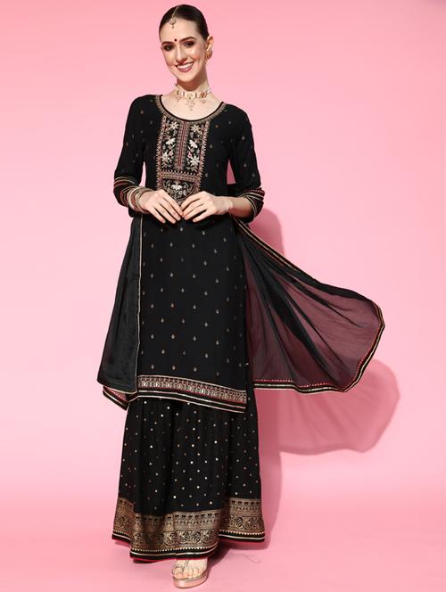 embroidered kurta sharara set with dupatta - 18477643 - Very Small Image - 1