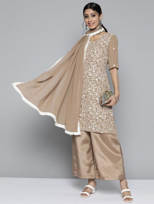 embroidered kurta palazzo set with dupatta - 18477662 - Very Small Image - 1