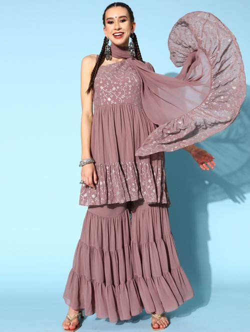 embroidered kurta with flared sharara and dupatta - 18477665 - Very Small Image - 1