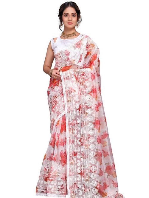 embroidered bordered floral print saree - 18478749 - Very Small Image - 1
