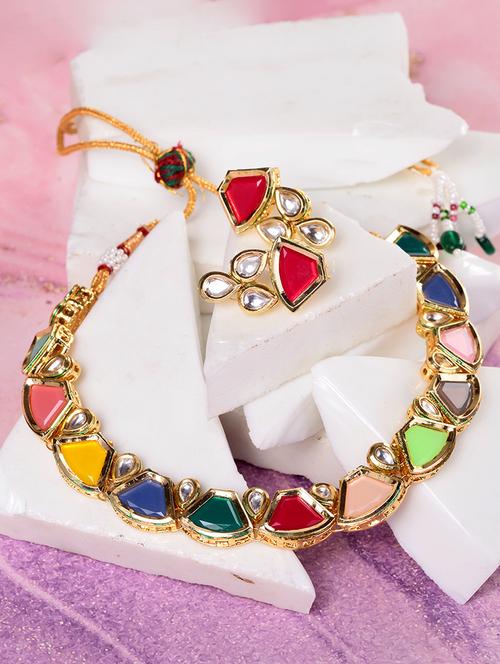 gold plated multicolor kundan studded modern necklace set - 18480155 - Very Small Image - 1