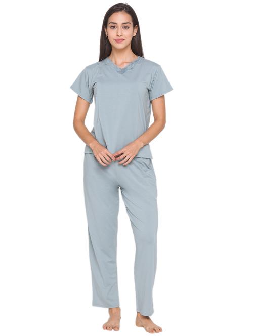 v neck solid pyjama night wear set - 18481800 - Very Small Image - 1