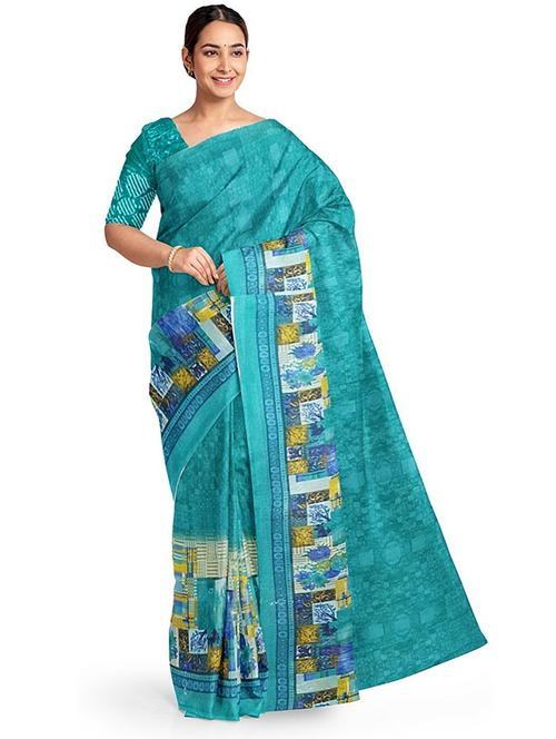 women's abstract aqua blue colored saree with blouse - 18482732 - Very Small Image - 1