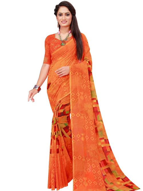 orange printed saree with blouse - 18485711 - Very Small Image - 1