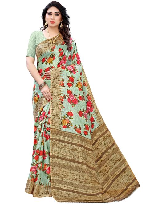 contrast printed floral saree with blouse - 18487778 - Very Small Image - 1