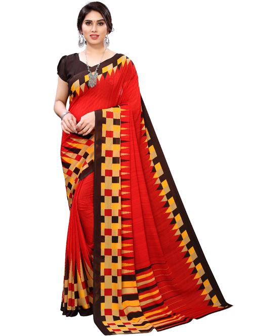 red printed saree with blouse - 18487797 - Very Small Image - 1
